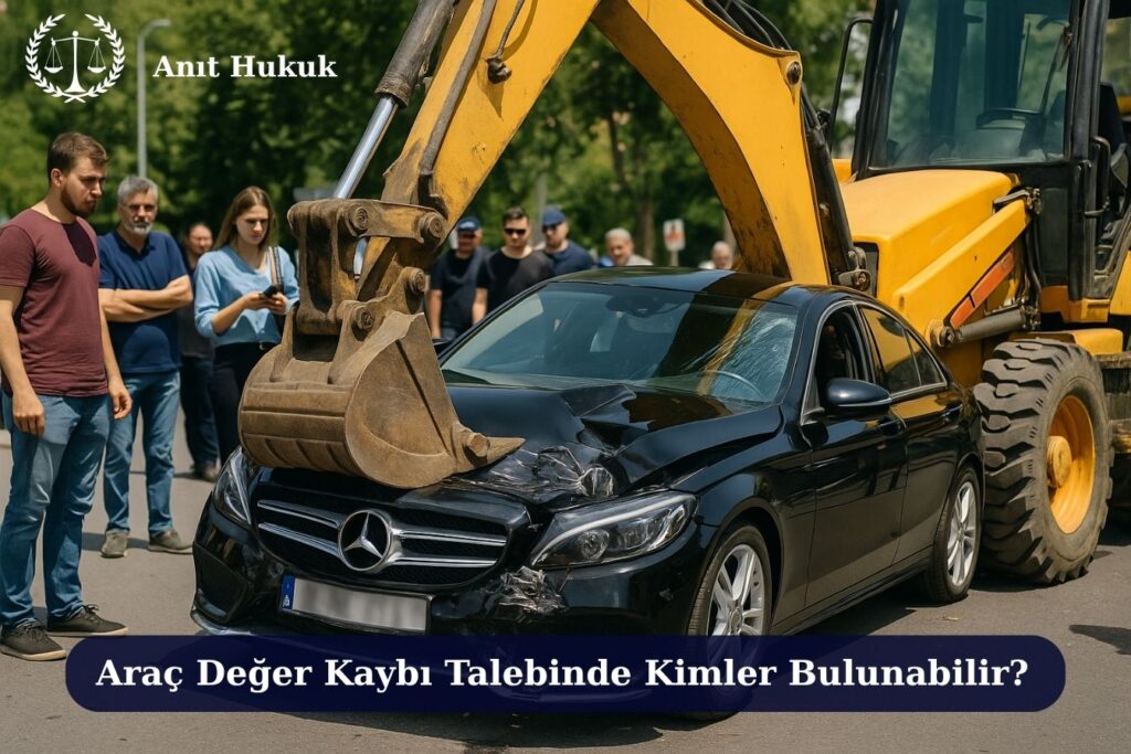 Araç Değer Kaybı Davası Şartları Nelerdir? – 2025 Güncel Rehber 3 İş makinesinin çarptığı hasarlı lüks aracın başında toplanan sürücüler ve vatandaşlar