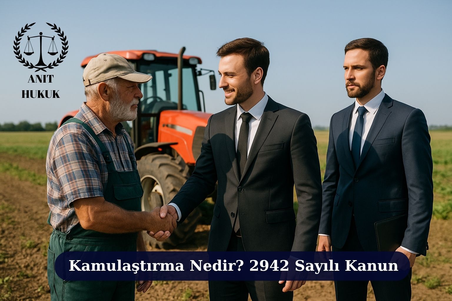 arlada bir çiftçi ile iki takım elbiseli avukatın kamulaştırma sürecinde el sıkışması